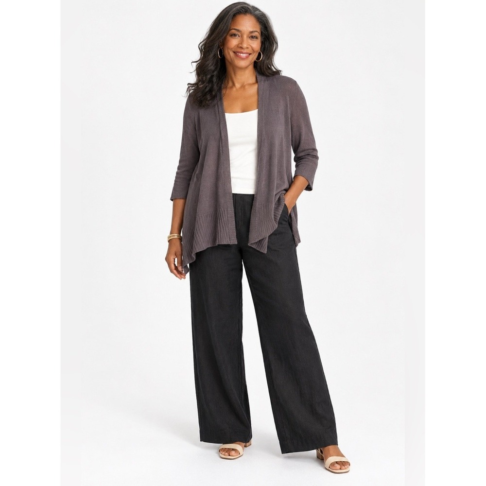 Eileen Fisher 100% Linen Open Front Draped Cardigan Mauve Gray Size M